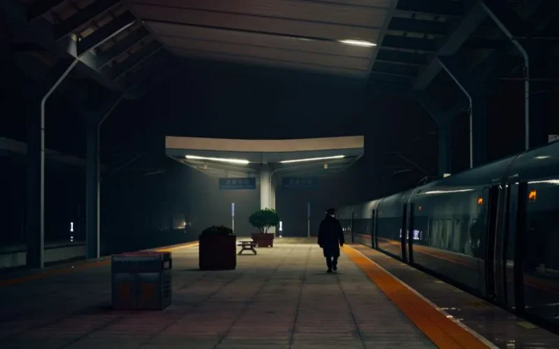 A silhouette of a man at a quiet train station at night, conveying solitude and travel.