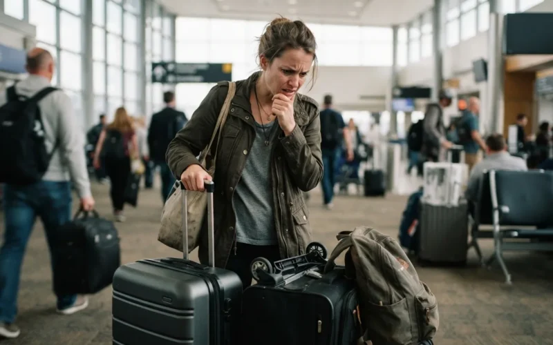a person looking frustrated with luggage at an airport
