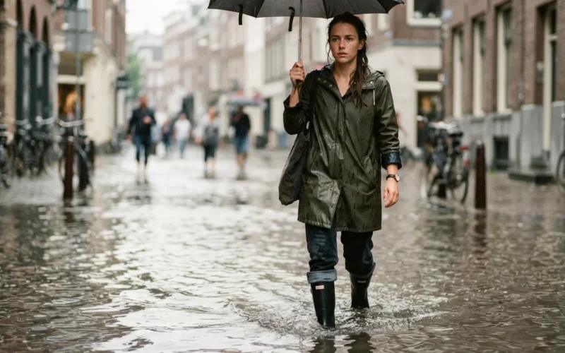 a person walking through a flooded street