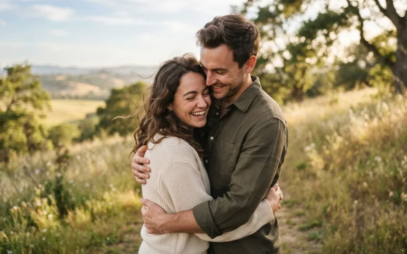 a couple embracing in a warm, sunlit outdoor setting
