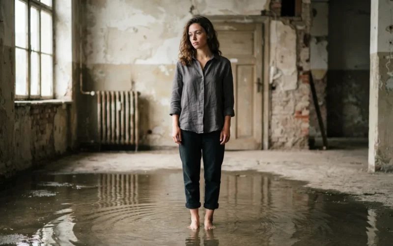 a woman standing in a room with water on the floor