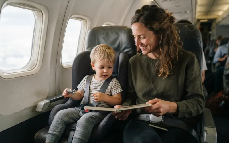 a parent and toddler sitting in an airplane seat