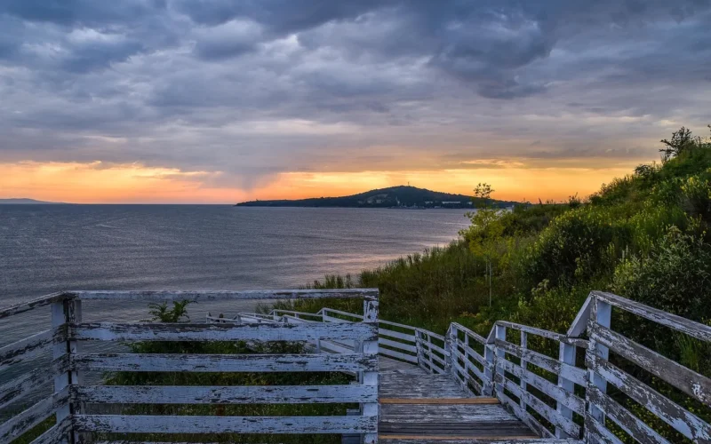 sunrise, sea, stairs, natura, clouds