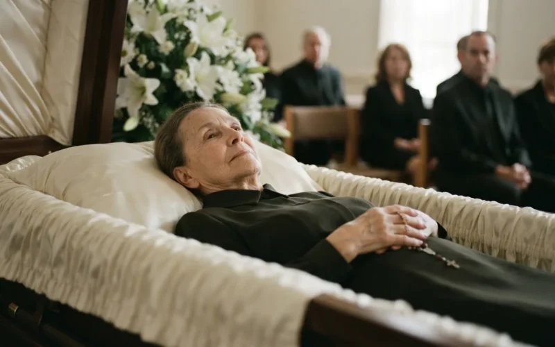 a person lying in a coffin at a funeral