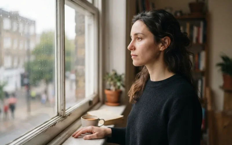 a person looking thoughtfully out a window