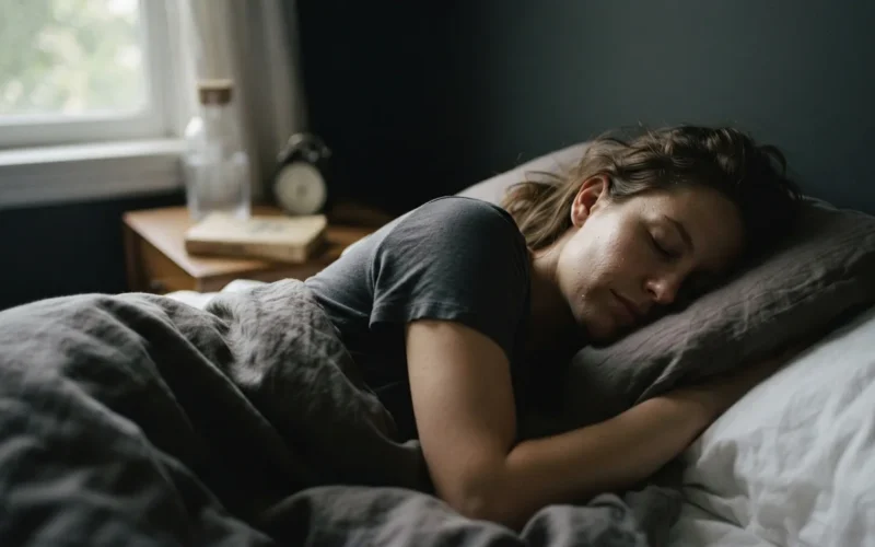 a person sleeping in a dimly lit room