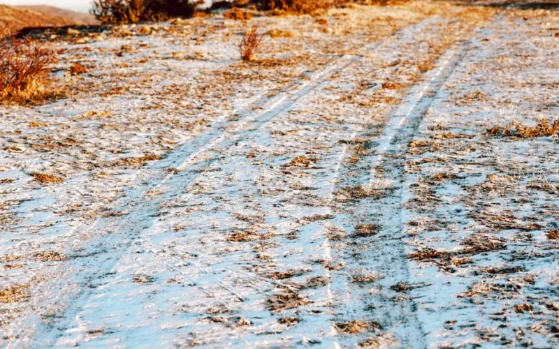 Scenic view of a snow-dusted trail with clear tire tracks in winter.