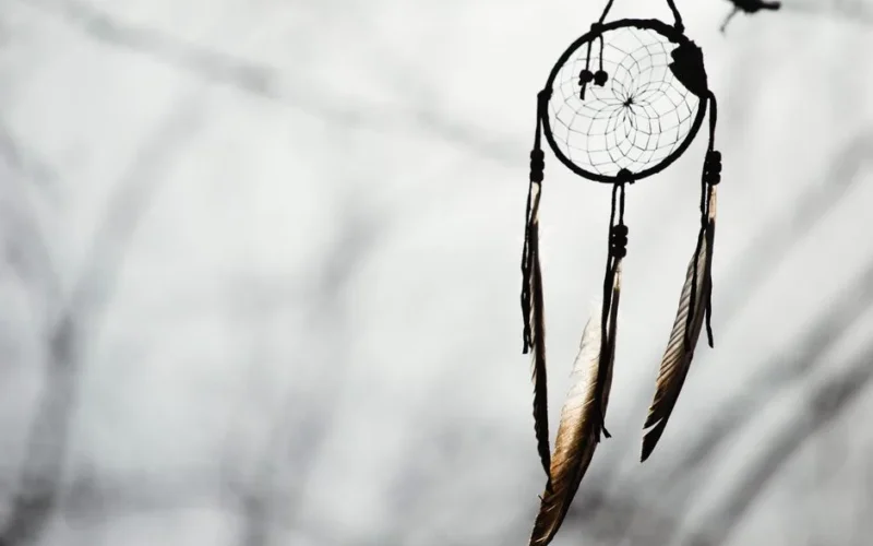 Dreamcatcher hanging outdoors, silhouetted against a soft blurred winter background.
