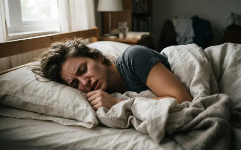 a person sleeping in bed, looking distressed