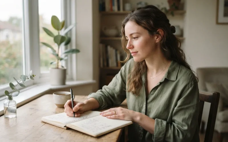 a person sitting in a calm room, writing in a notebook