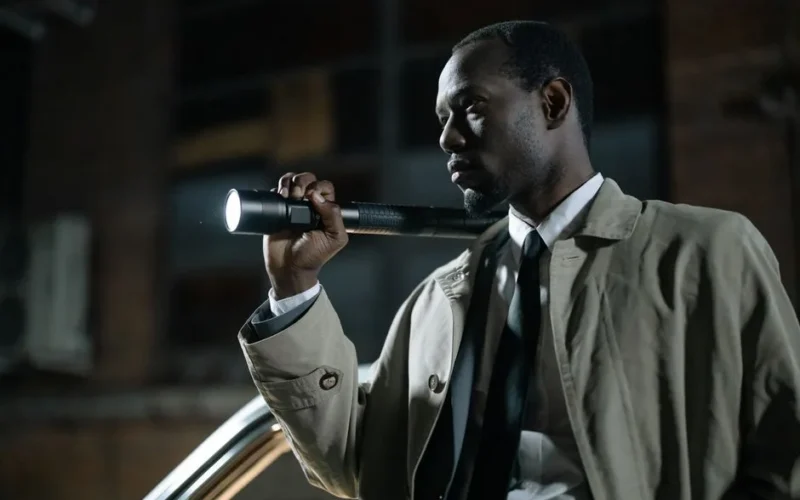 African-American detective in a beige trench coat holding a flashlight outdoors at night.