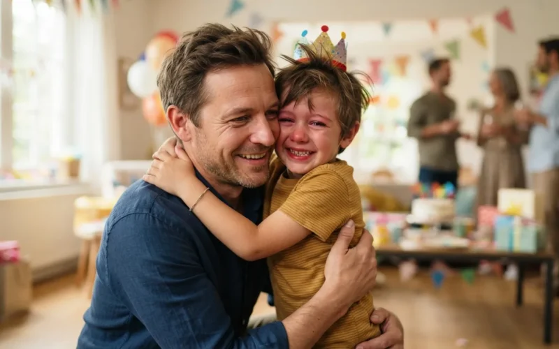 a father and child hugging on a birthday