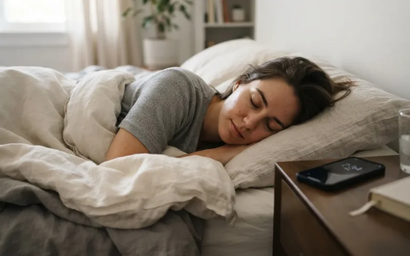 a person sleeping in bed with a smartphone on the nightstand
