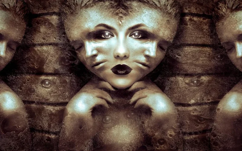 fantazja, komponowanie, mistyczny, surrealistyczne, śnić, mistycyzm, tajemniczy, gespenstig, przerażający, makabryczny, ponury, portret, twarz, koszmar, głowa, brązowy, ciemny, przestraszyć, szalony, nightmare