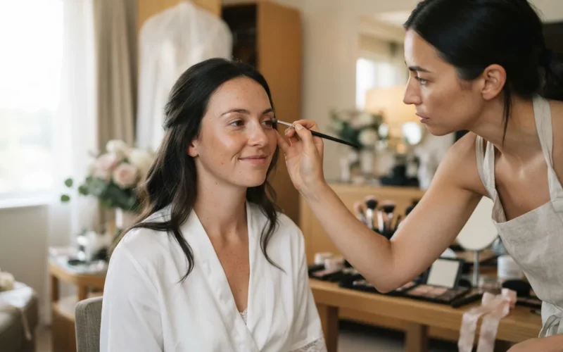 a woman getting her makeup done for a wedding