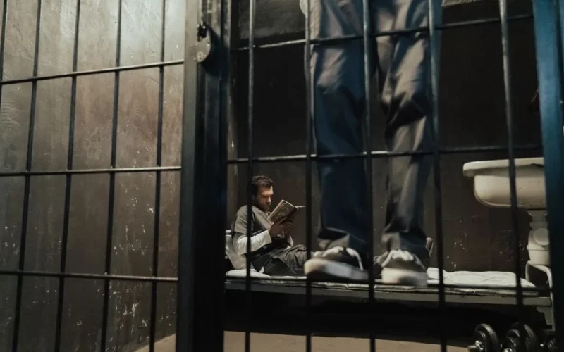 Inmate reading a book inside a prison cell while another stands nearby.
