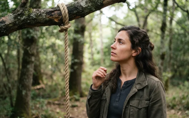 a person looking thoughtfully at a rope hanging from a branch
