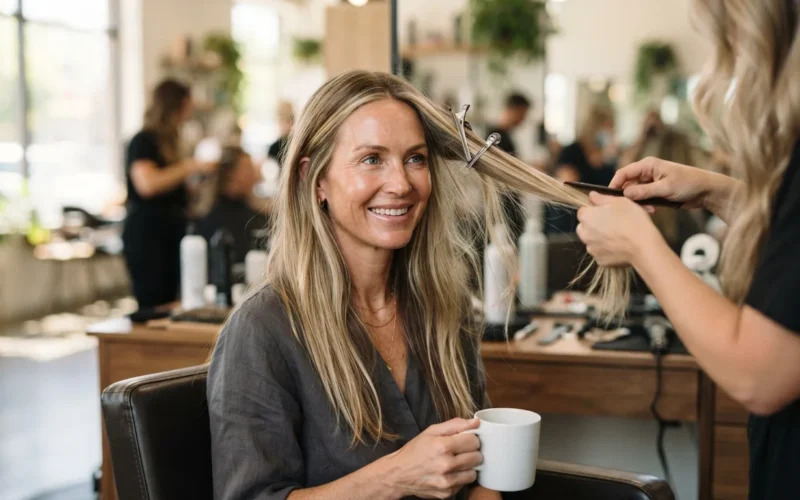 a woman with long blonde hair at a hair salon