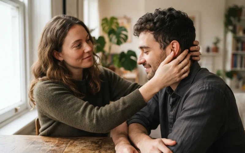 a person touching another person's hair gently