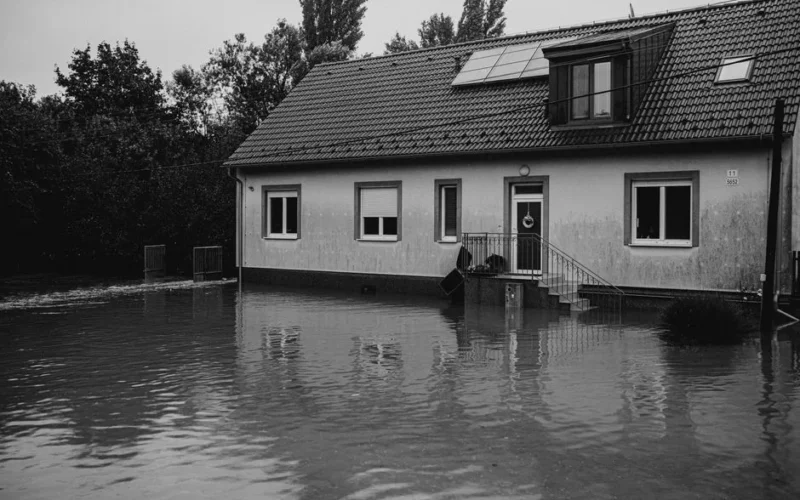 A monochrome image of a suburban house affected by floodwaters.