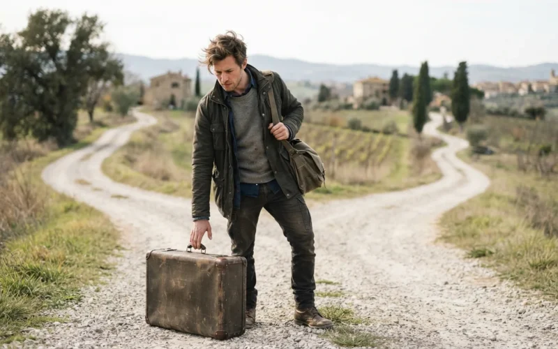 a person standing at a crossroads or looking at a suitcase