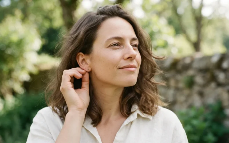 a person gently tilting their head while touching their ear
