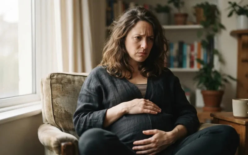 a pregnant woman holding her belly with a worried expression