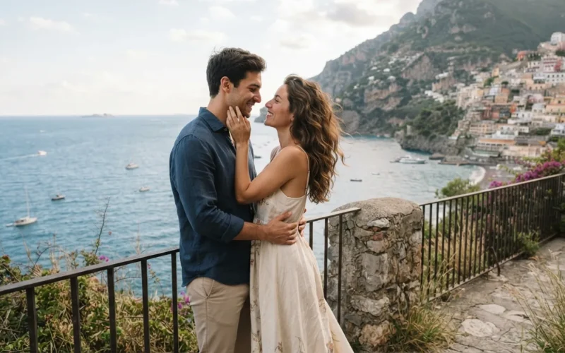 a romantic couple on a scenic European coastline