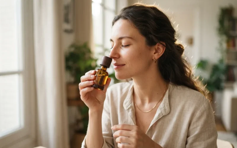 a woman smelling perfume from a bottle