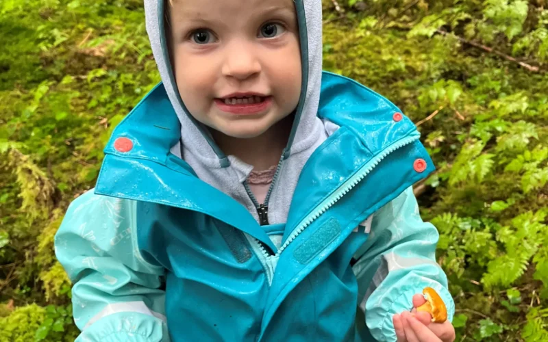A young golden chanterelle harvester proudly showing off her picks. Tongass National Forest. Petersburg Ranger District. USDA Forest Service photo by Gina Uppencamp.