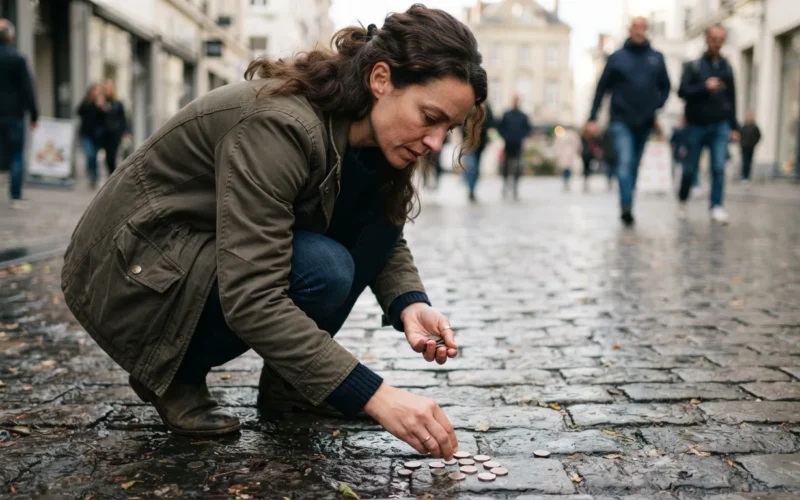 a person picking up coins from the ground