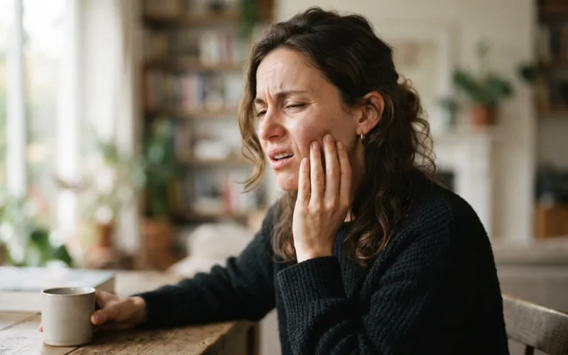 a person holding their jaw in discomfort