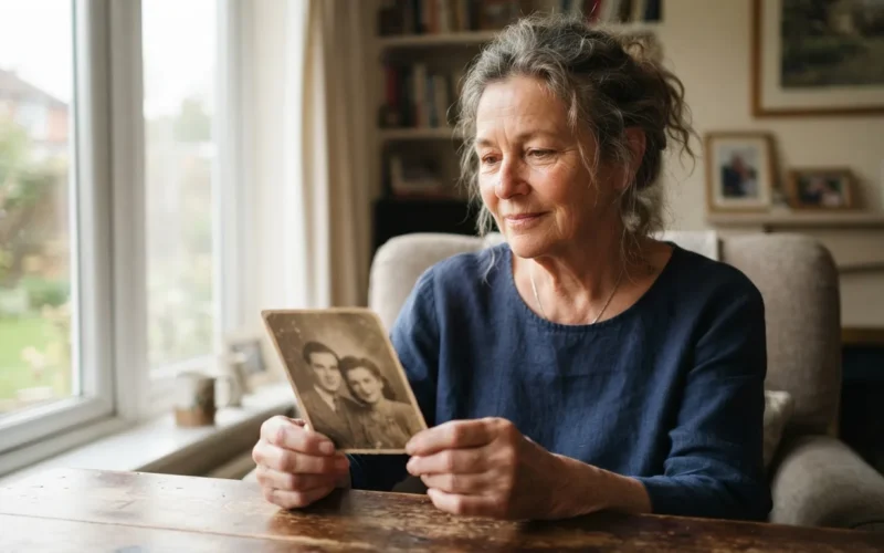 a person looking thoughtfully at an old photograph