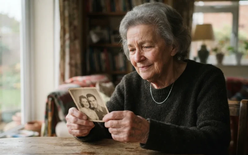 a person looking thoughtfully at an old photograph