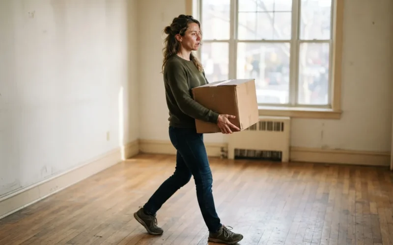 a person carrying a cardboard box in an empty room