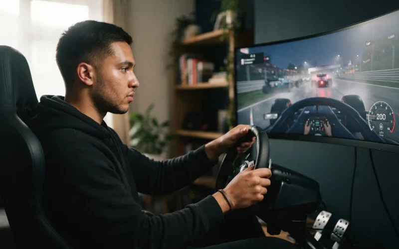 a person playing a racing video game on a screen