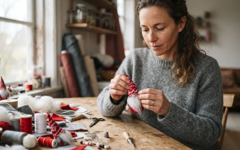 a person crafting a small red-and-white Christmas gnome