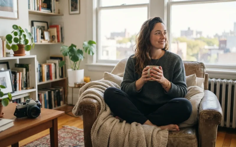 a person relaxing in a cozy city apartment