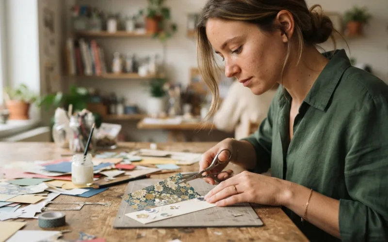 a person crafting a decorative paper bookmark at a table