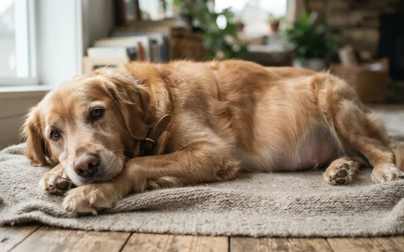 a pregnant dog lying down