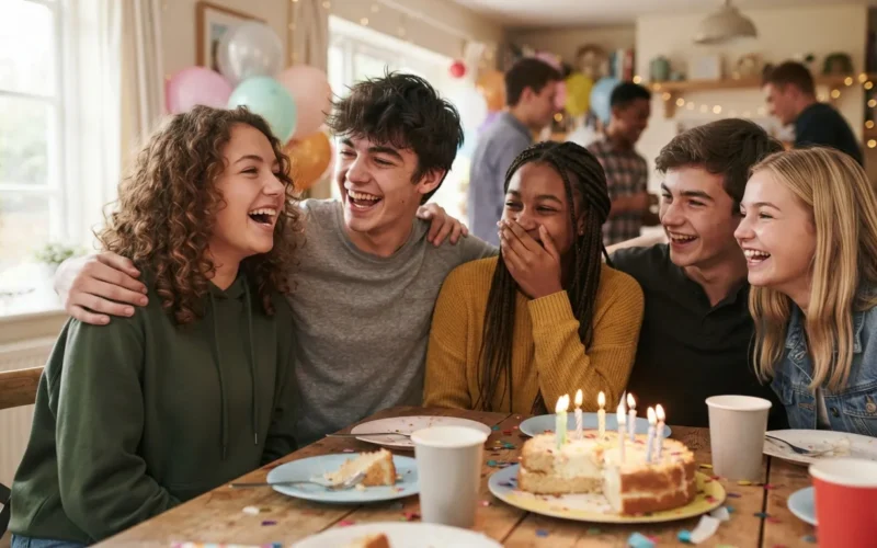 a group of teenagers laughing at a birthday party