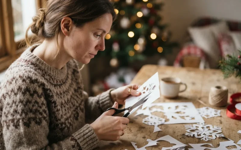a person cutting paper shapes for a Christmas craft