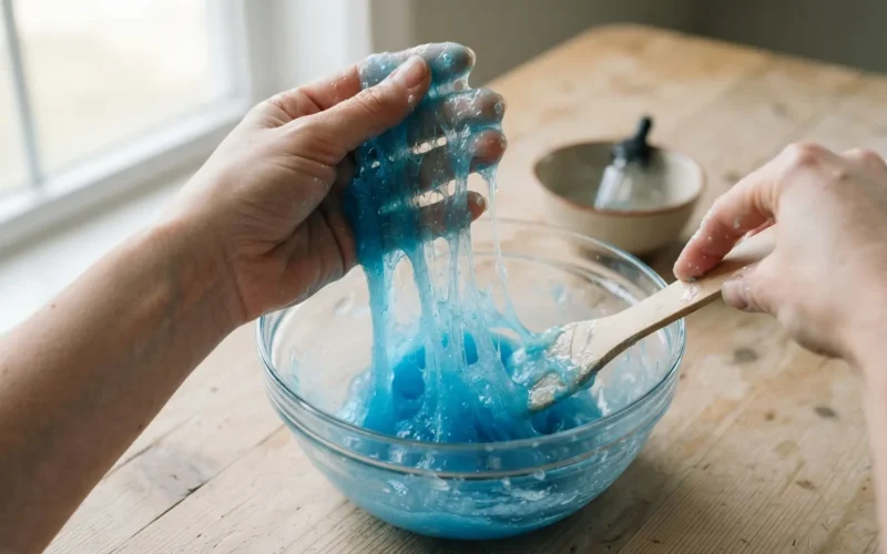 hands mixing glue stick with slime activator, stretchy slime texture