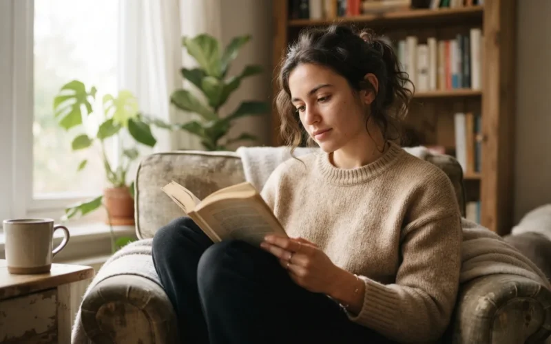 a person reading a book in a cozy setting