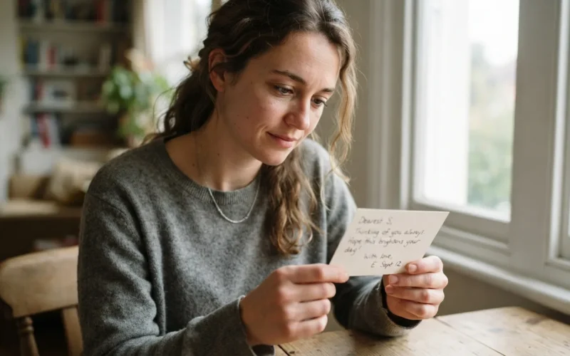 a person reading a small card with a handwritten note