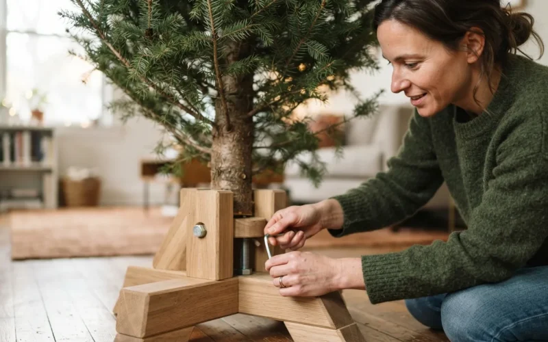 a person assembling a wooden Christmas tree stand