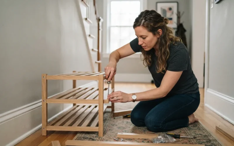 a person assembling a wooden shoe rack in a hallway