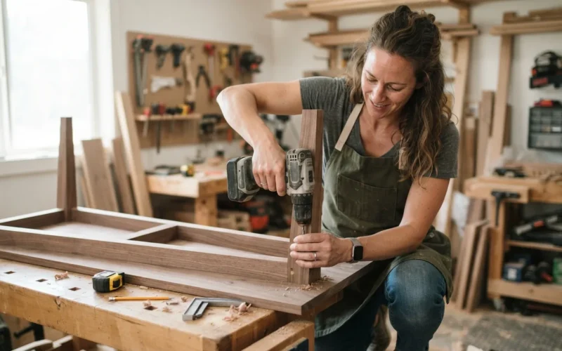 a person building a wooden coffee table with tools