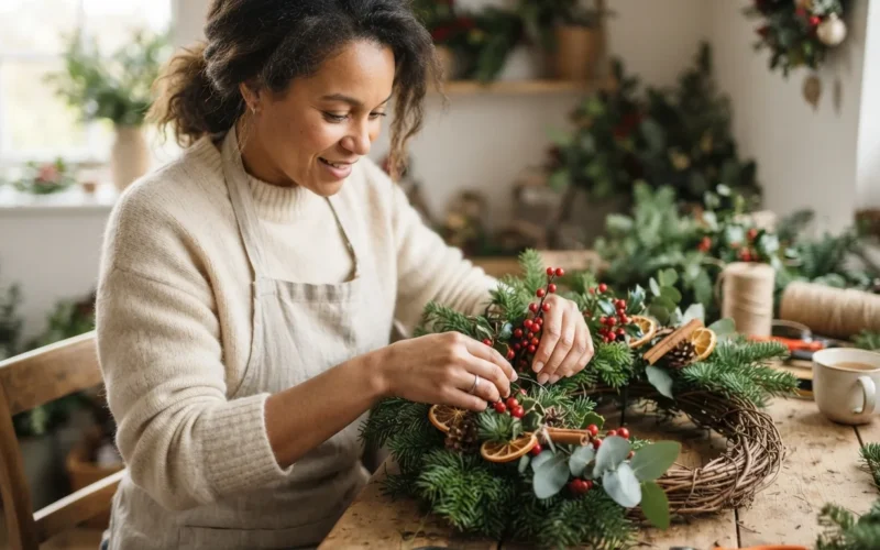 a person arranging a Christmas wreath on a table