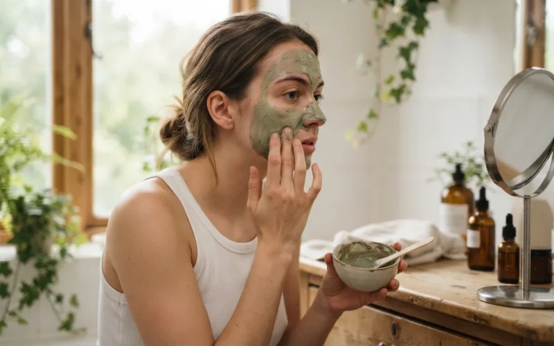 a woman applying a natural face mask at home